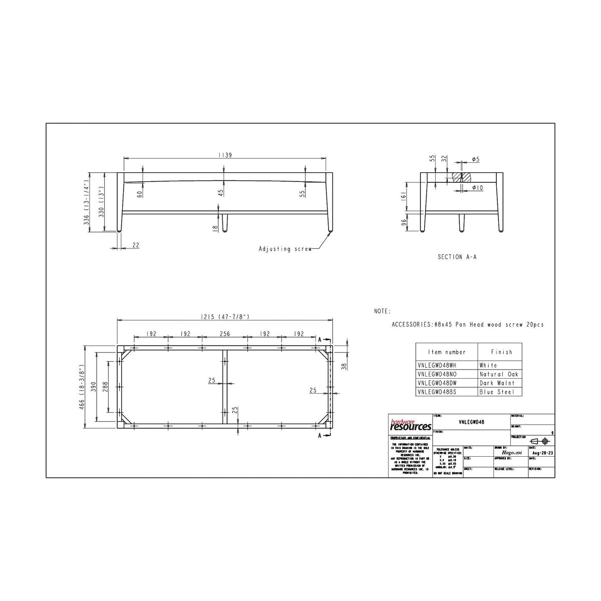Wood Vanity Leg Frame, 48" dimension drawing