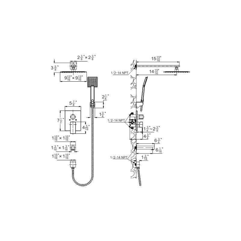 Idun squared shower and tub combo faucet with rain head, hand shower and tub spout dimension drawing
