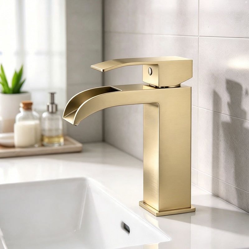 Torvald waterfall single hole bathroom faucet in Brushed Gold, installed on a bathroom vanity