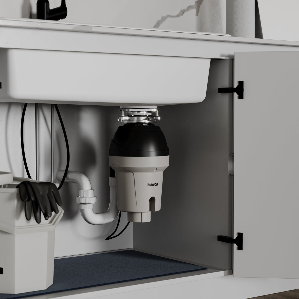 Ashworth continuous feed kitchen garbage disposal, 1-1/4 HP, installed under a kitchen sink