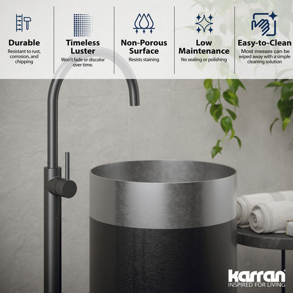 Cinox Gunmetal Base Stainless Steel Pedestal Bathroom Sink in Stainless Steel, installed in a room setting