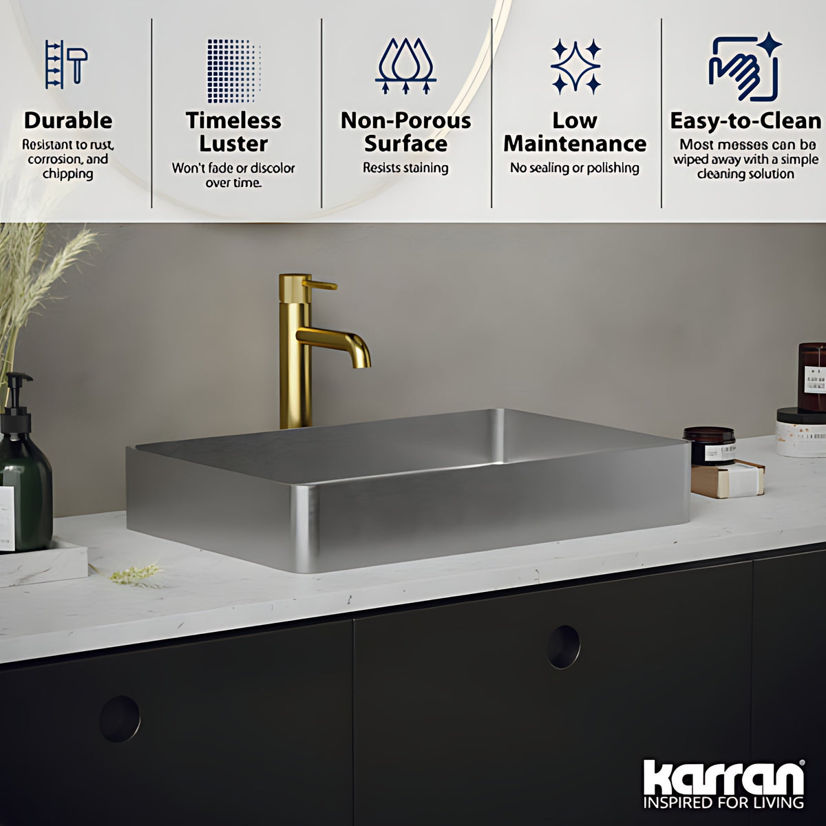 Cinox Rectangular Stainless Steel Drop-In Bathroom Sink in Stainless Steel, installed in a room setting