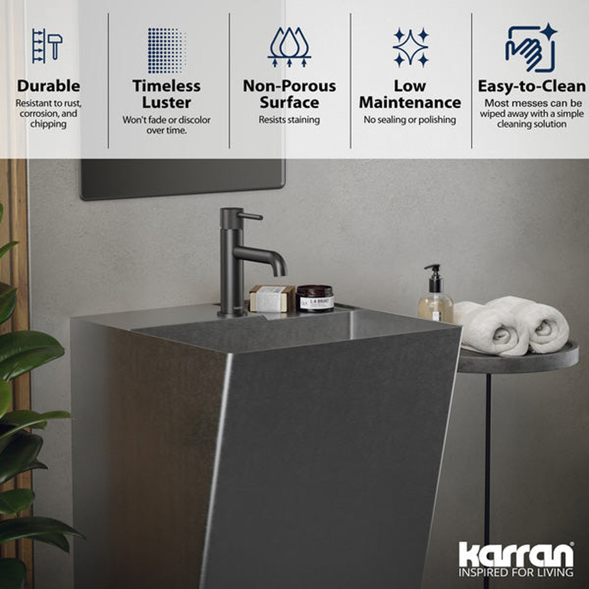 Cinox Rectangular Stainless Steel Pedestal Bathroom Sink in Stainless Steel, installed in a room setting