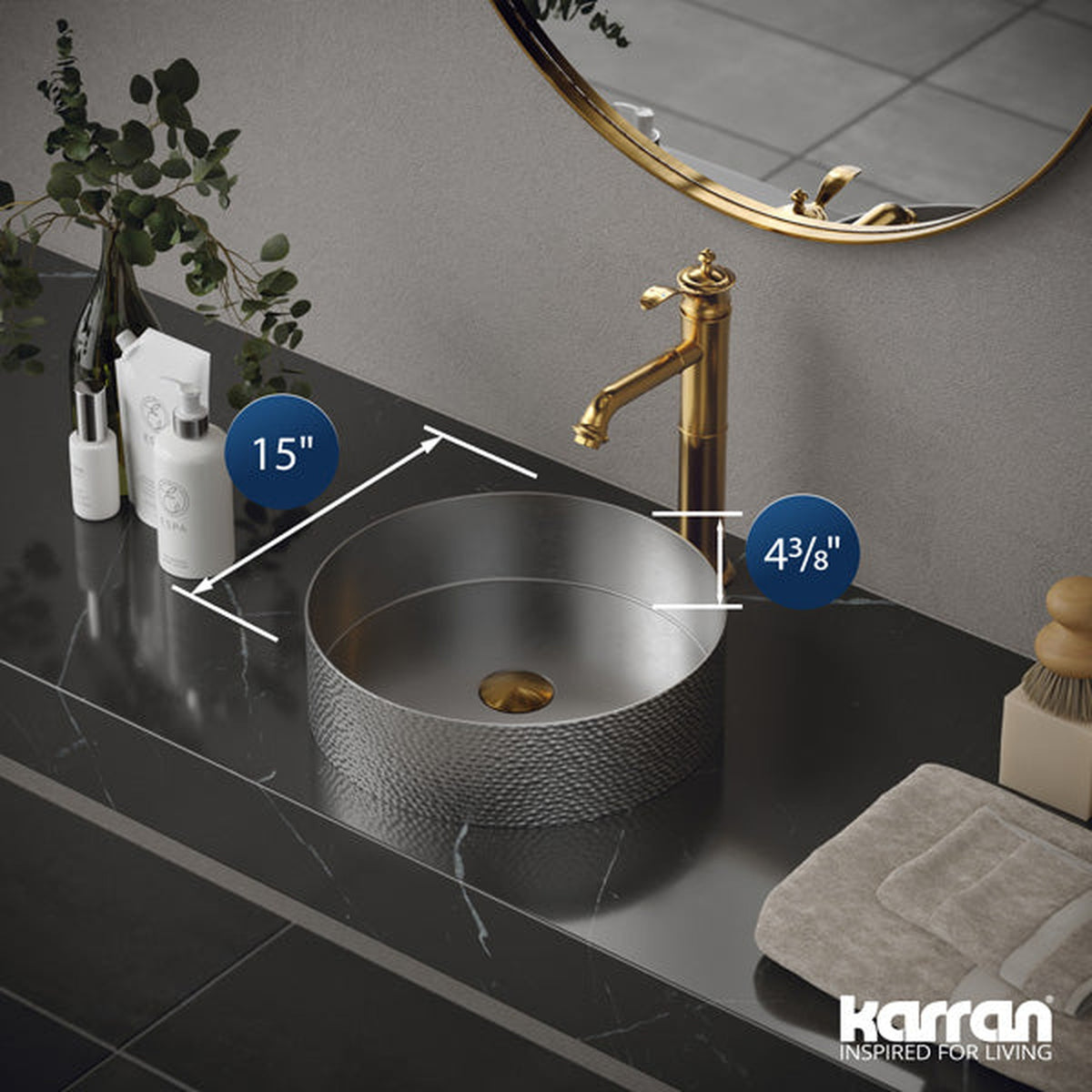 Cinox Round Hammered Stainless Steel Vessel Bathroom Sink in Stainless Steel, installed in a room setting