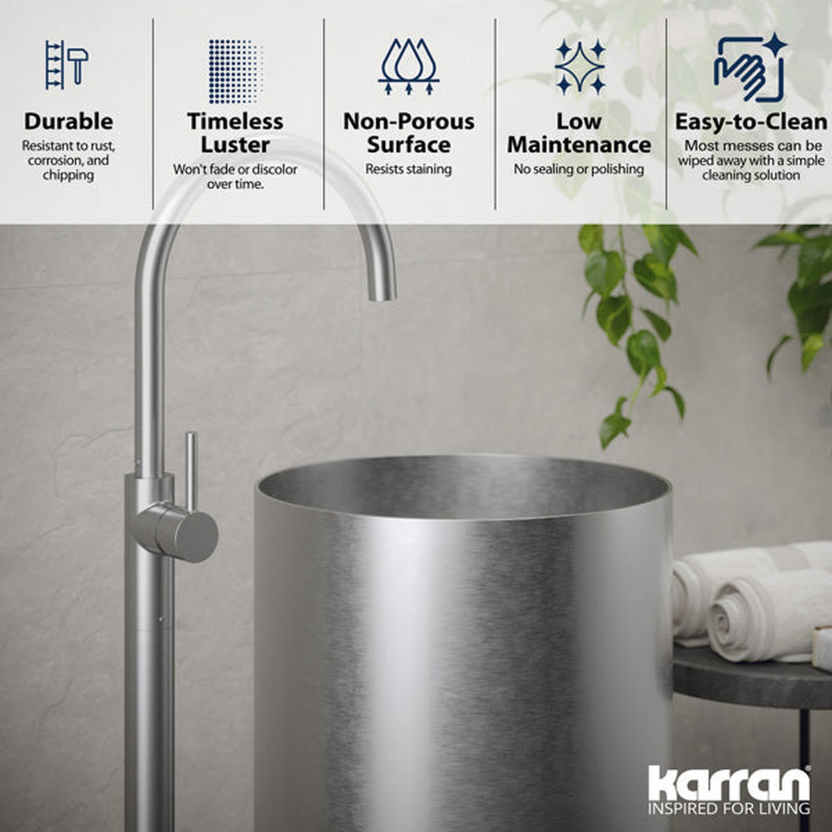 Cinox Round Stainless Steel Pedestal Bathroom Sink in Stainless Steel, installed in a room setting