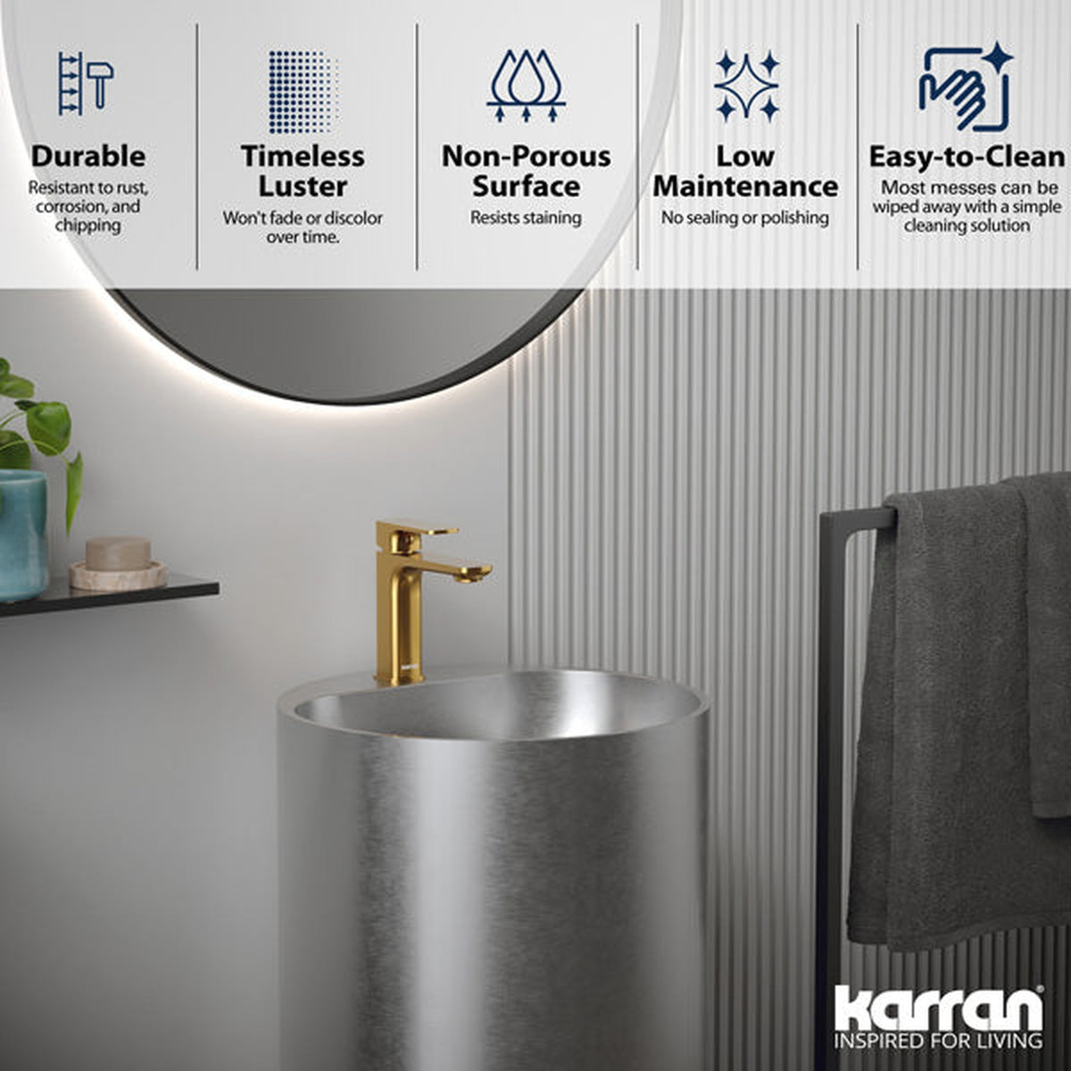 Cinox with Deck Mount Faucet Stainless Steel Pedestal Bathroom Sink in Stainless Steel, installed in a room setting