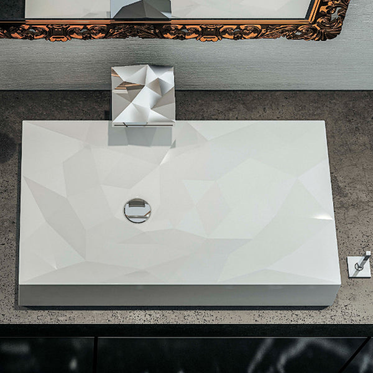 Diamond Quartz Composite Vessel Bathroom Sink in Grey, installed in a room setting