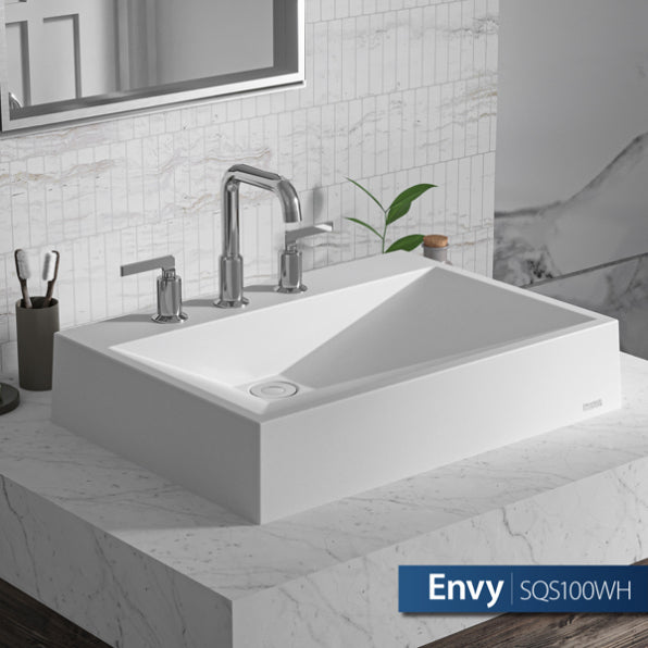Envy Quartz Composite Vessel Bathroom Sink in White, installed in a room setting