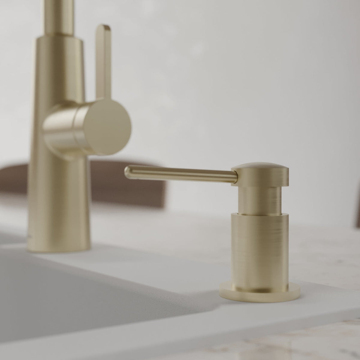 Pembrey kitchen soap dispenser in Spot-Free Champagne Bronze, installed beside a kitchen faucet