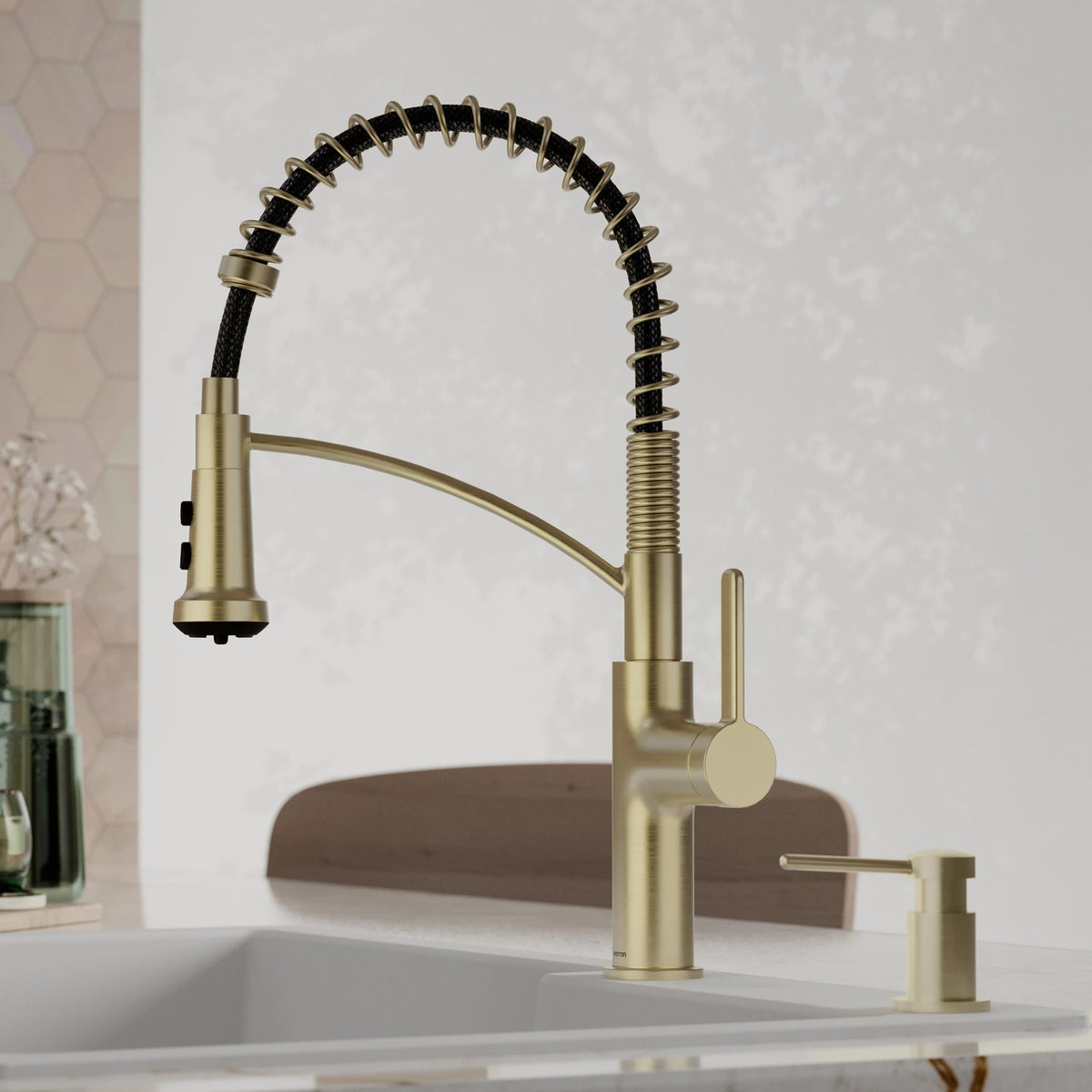 Scottsdale commercial style pull down kitchen faucet in Spot-Free Champagne Bronze, installed in a kitchen