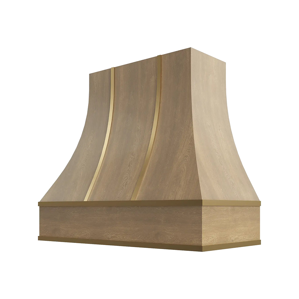 RTA 36"W x 48"H Kitchen Curved Hood Cover with Brass Strapping in Brooklyn Fawn