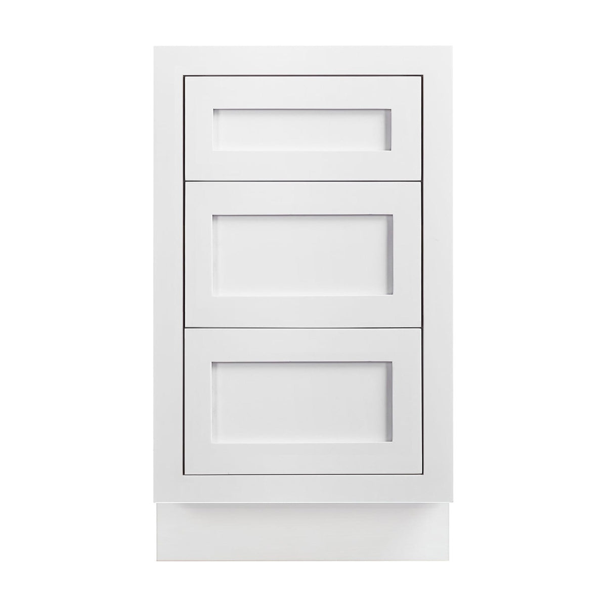 18 inch freestanding bathroom vanity drawer base in Snow White with inset Shaker fronts