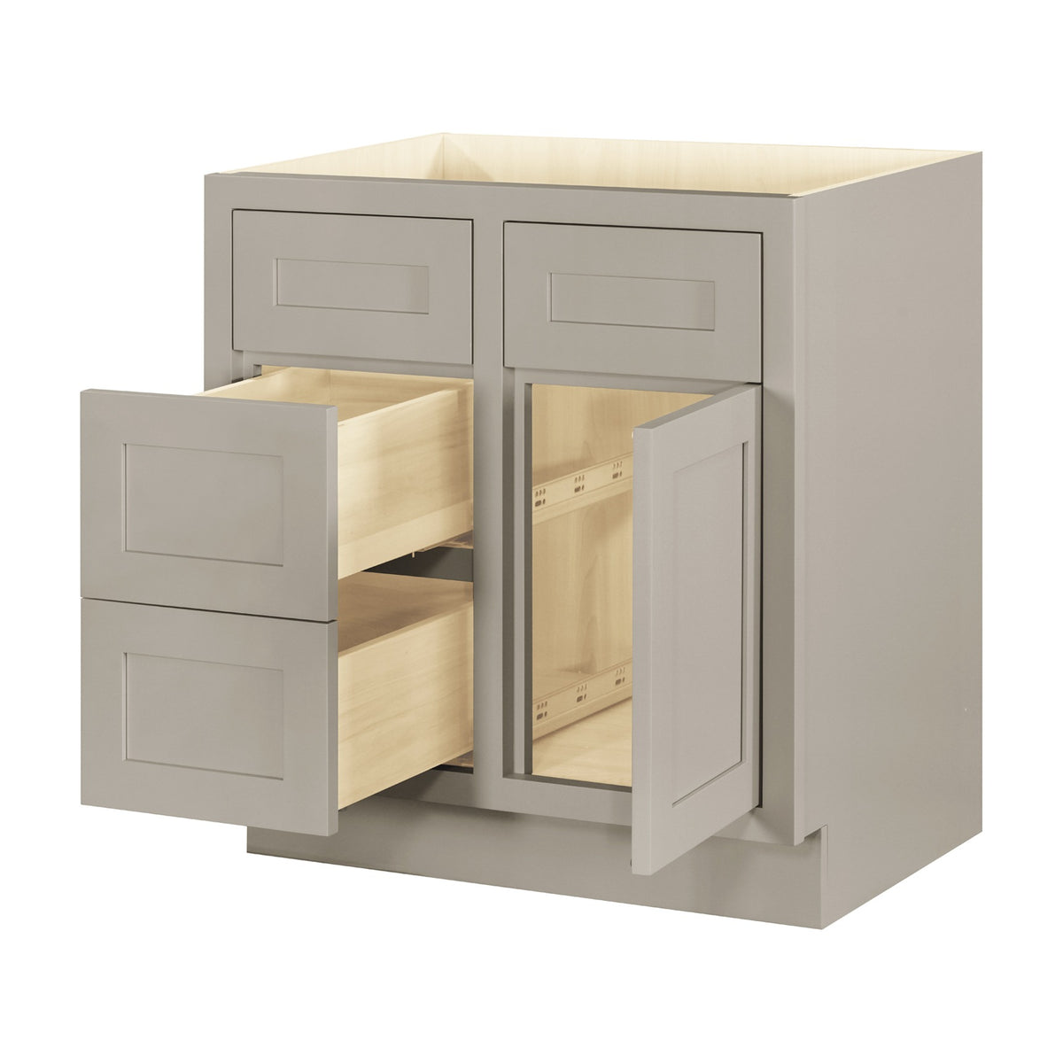 30 inch freestanding bathroom vanity sink base in Tuscan Grey with inset Shaker fronts, drawers and doors open
