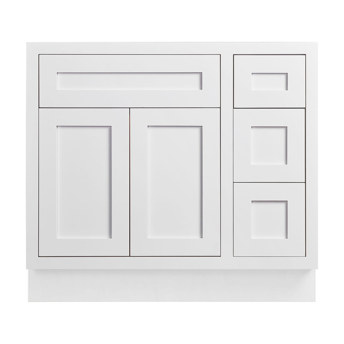 36 inch freestanding bathroom vanity sink base in Snow White with inset Shaker fronts