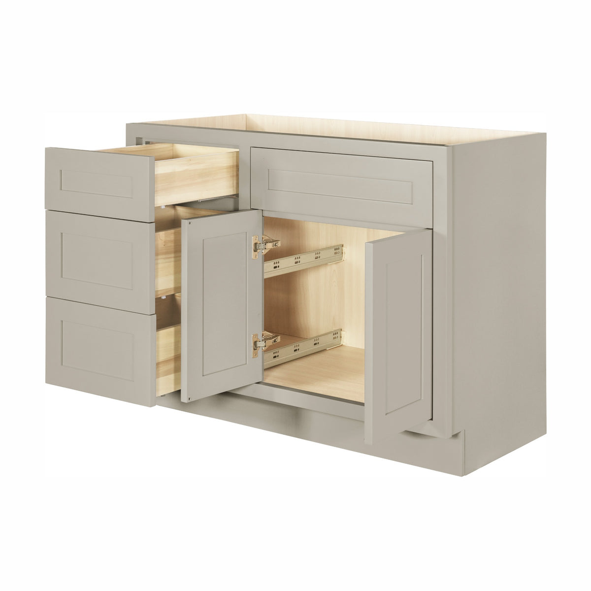 42 inch freestanding bathroom vanity sink base in Tuscan Grey with inset Shaker fronts, drawers and doors open