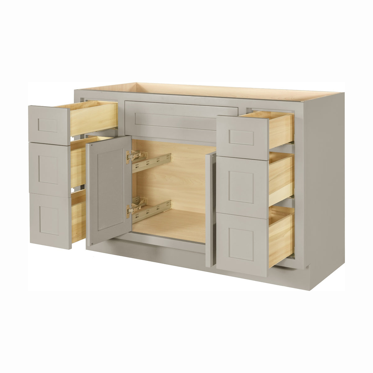 48 inch freestanding bathroom vanity sink base in Tuscan Grey with inset Shaker fronts, drawers and doors open