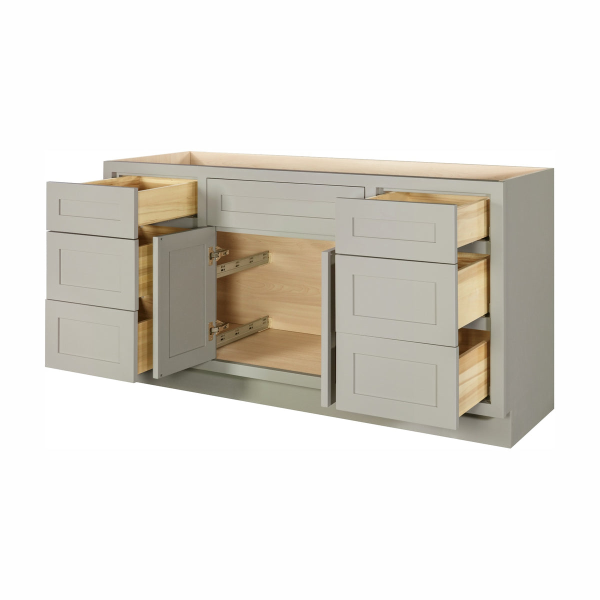 60 inch freestanding bathroom vanity sink base in Tuscan Grey with inset Shaker fronts, drawers and doors open