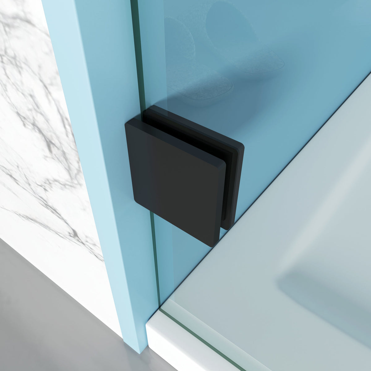 Leandros frameless soft-close single sliding shower door, glass clamp on the fixed panel