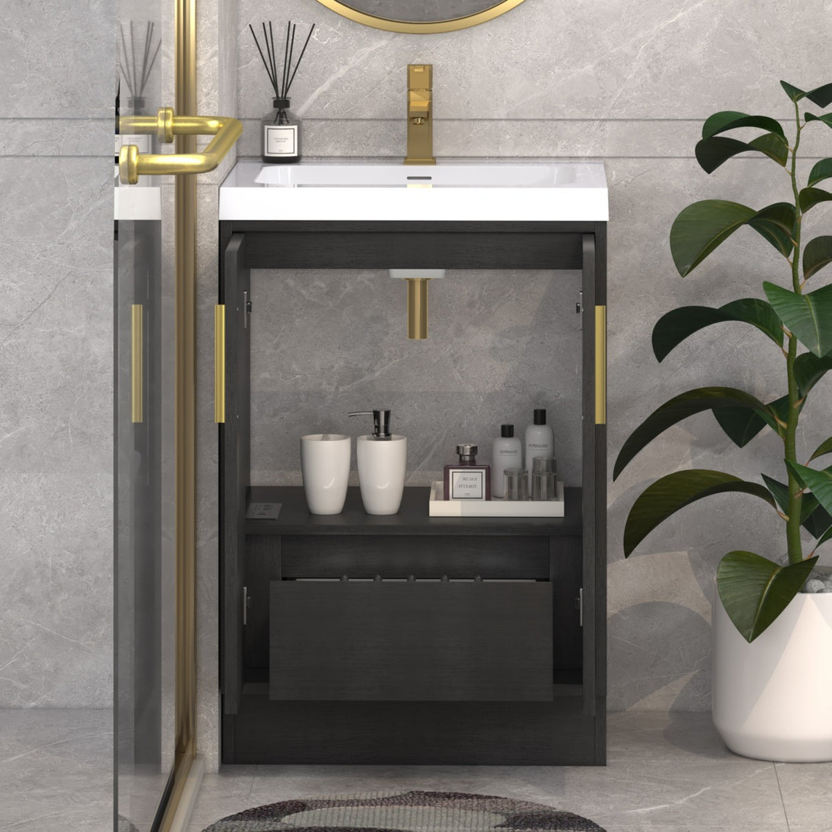 Bella Geometric 24 inch freestanding bathroom vanity with carved geometric doors in a styled bathroom