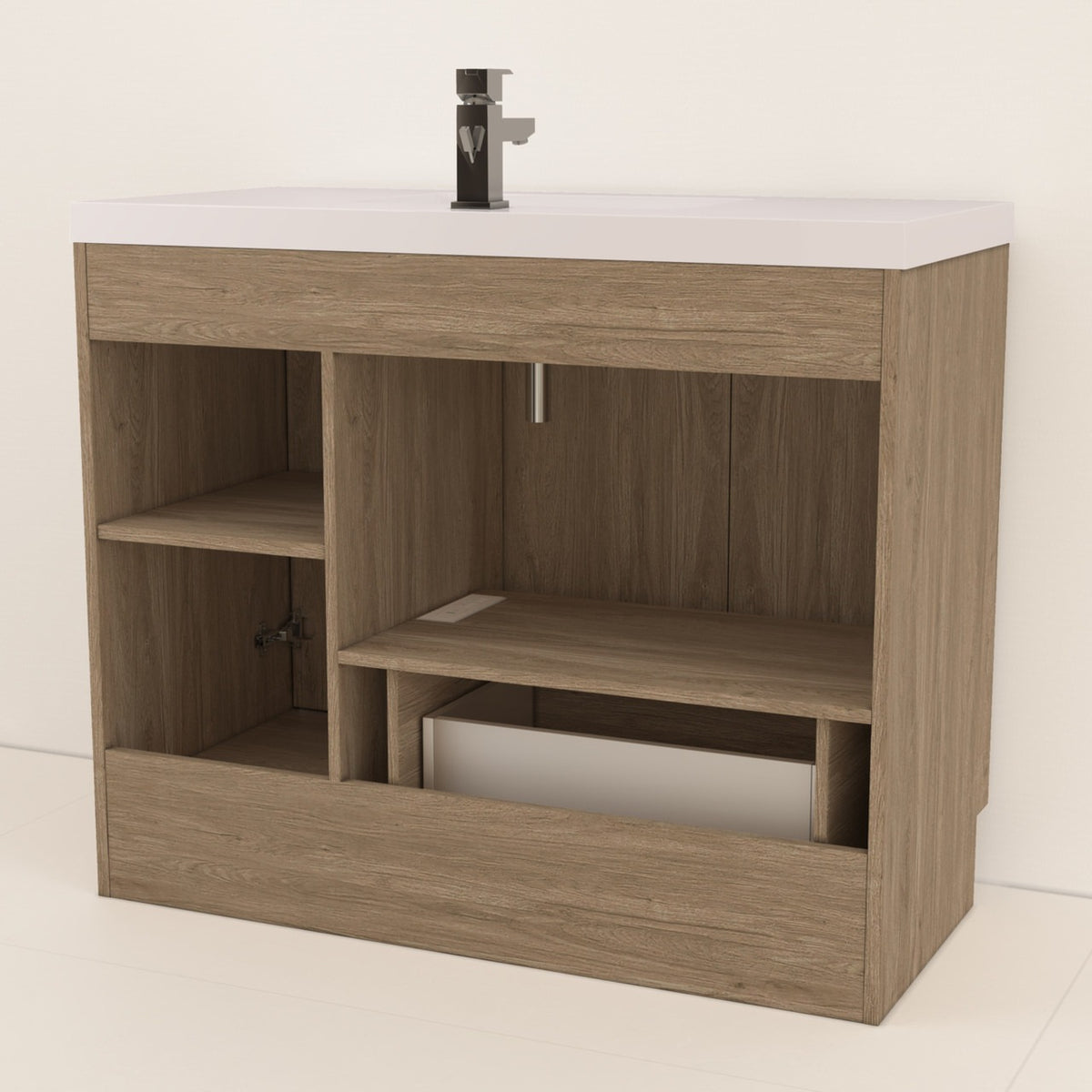 Bella Geometric 42 inch freestanding bathroom vanity with carved geometric doors in a styled bathroom