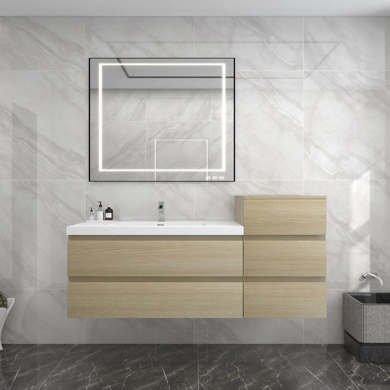 Bow 56" Wall Mounted Bathroom Vanity with Reinforced Acrylic Integrated Sink Top and Linen Cabinet