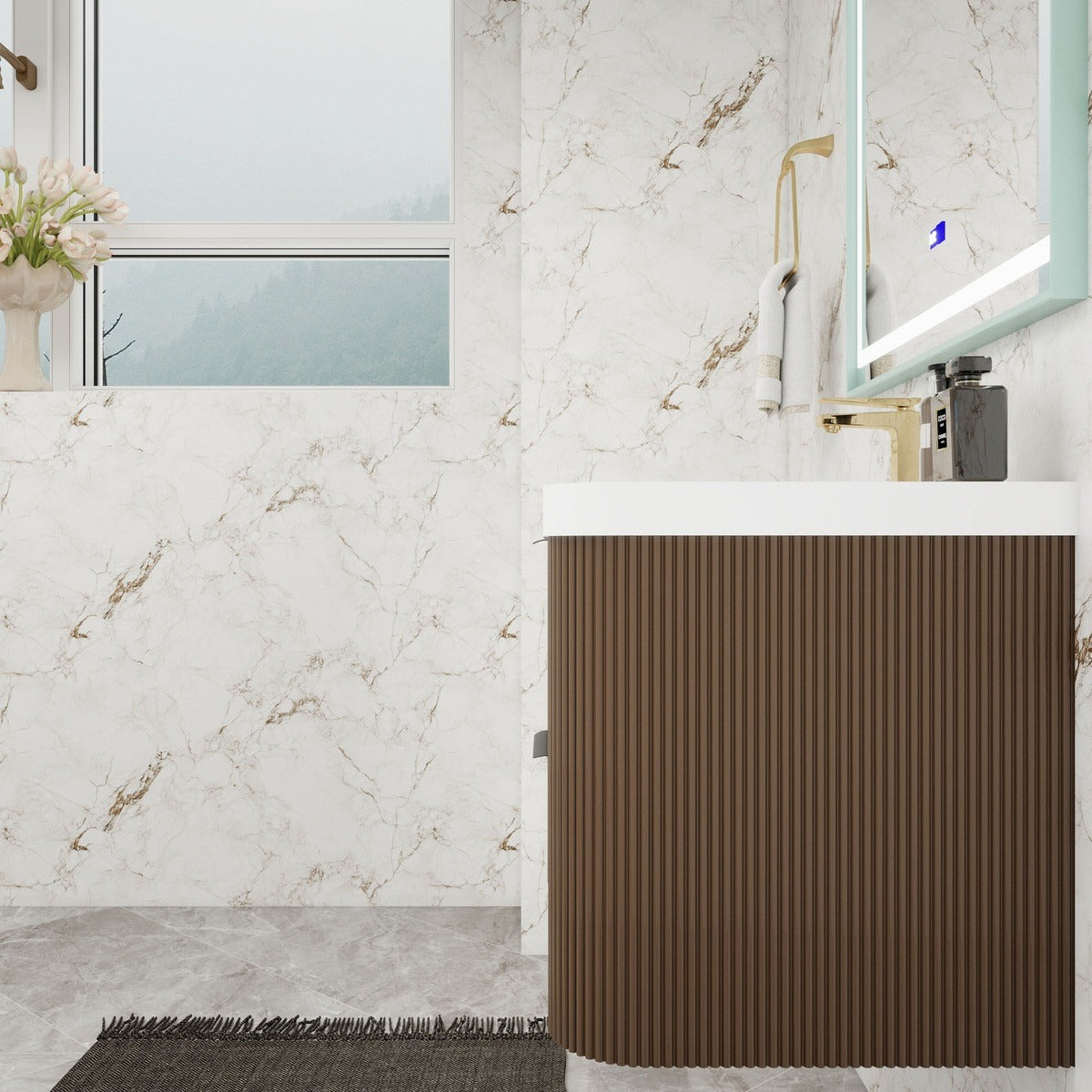 Celine 30 inch fluted wall mounted bathroom vanity with rounded corners in a styled bathroom