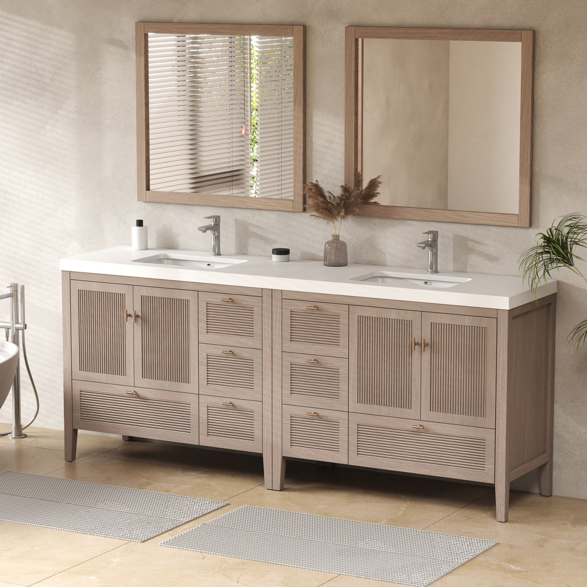 NCS 84 inch louvered freestanding bathroom vanity with reinforced acrylic integrated sink top