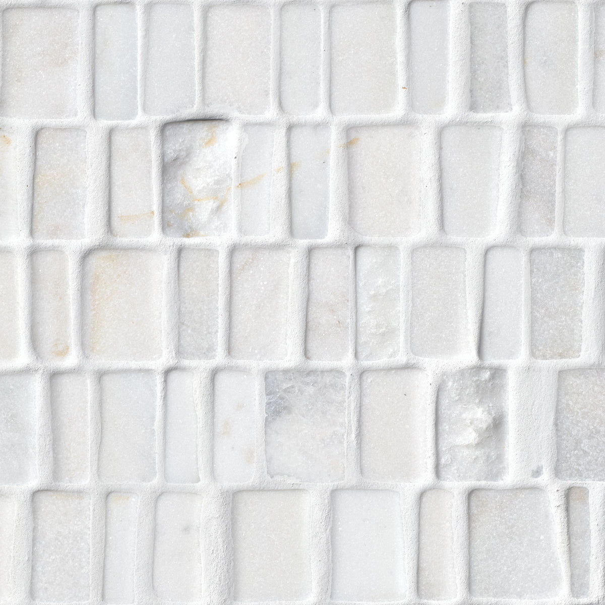 Arctic White Pebble Stack Marble Mosaic in tumbled finish, close up sheet view