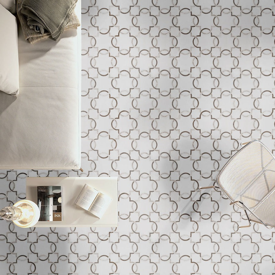 Bianco Quatrefoil Marble Mosaic installed in a finished room