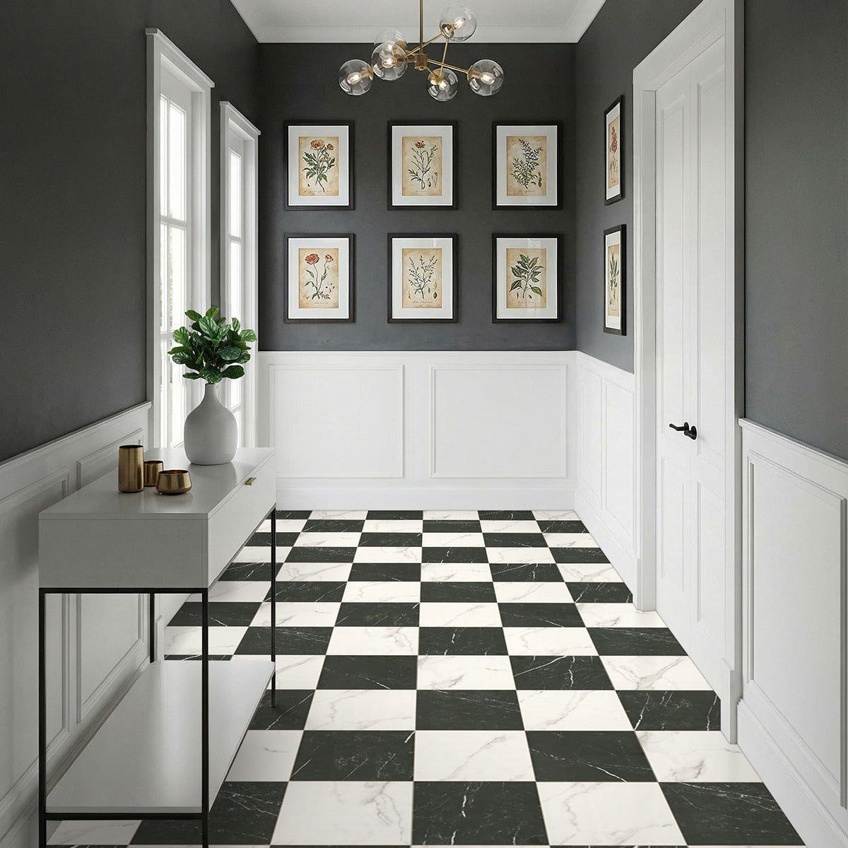 Casa Duet Calacatta Marquina porcelain tile shown in a finished room, scene 4