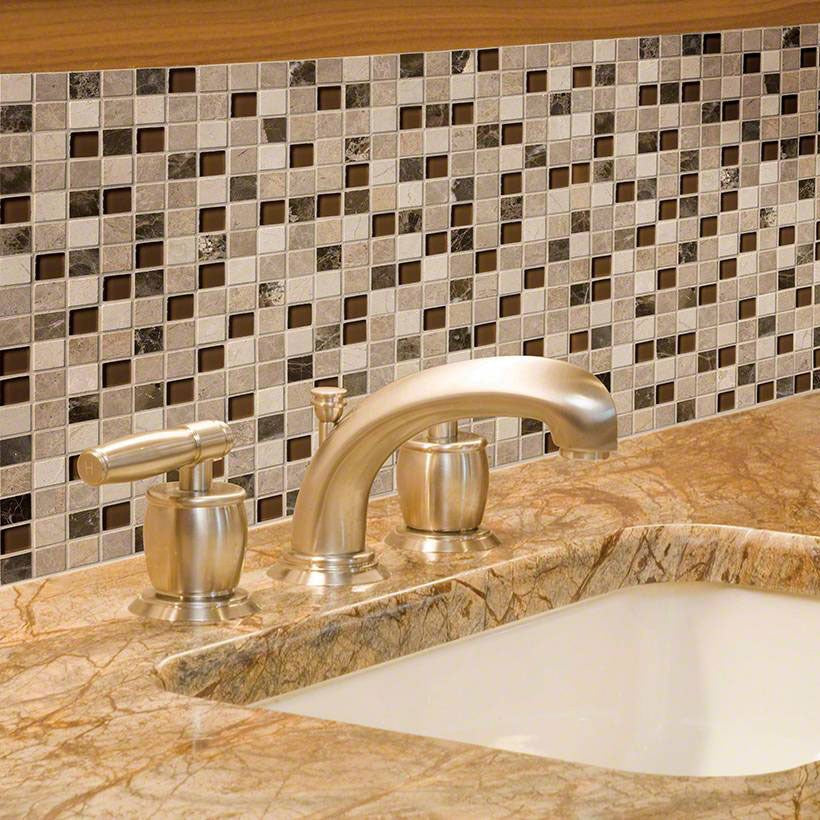 Crema Marfil Ibiza Blend 1x1 Stone and Glass Mosaic installed in a finished room