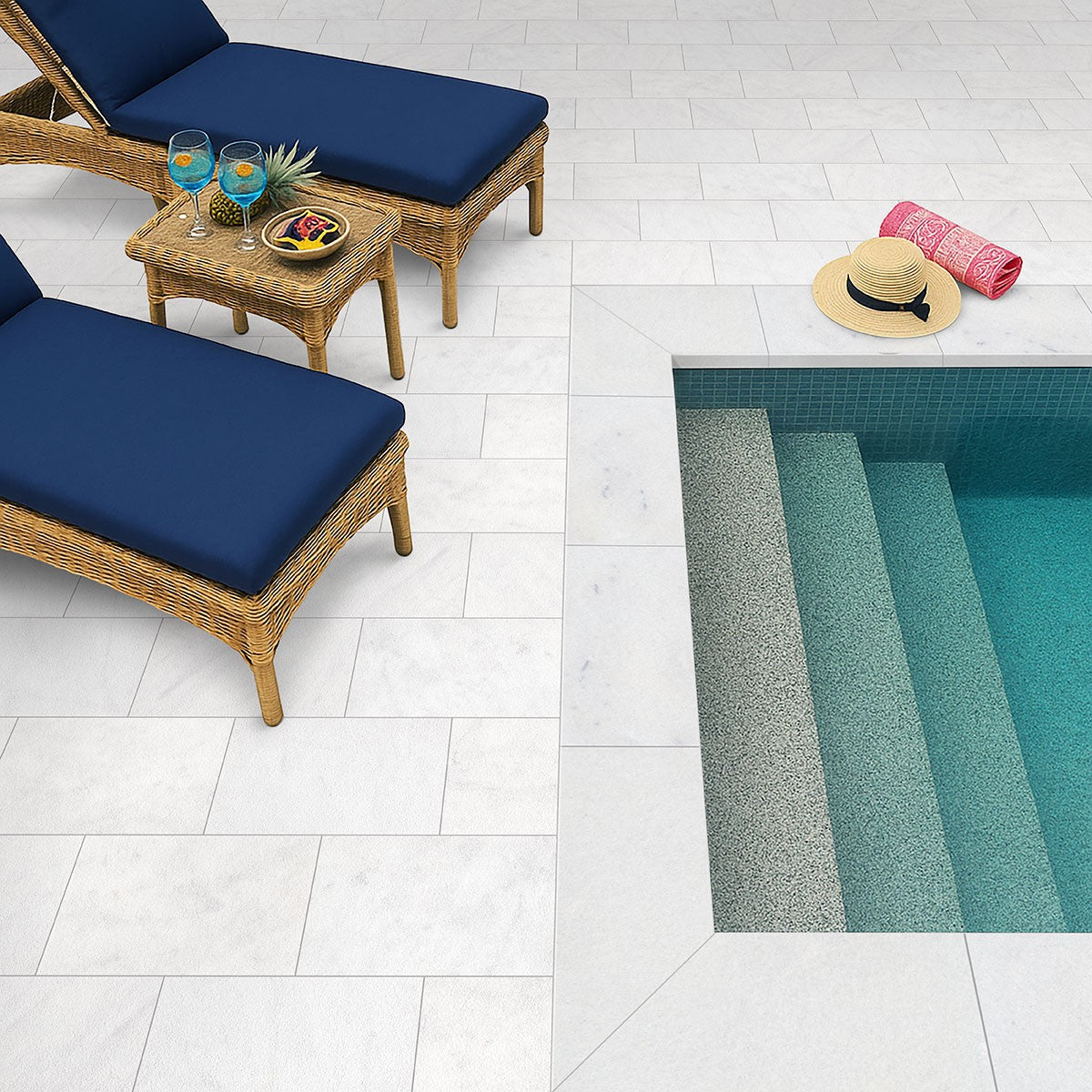 Crystal White Marble Pool Coping shown installed in a finished outdoor or living space
