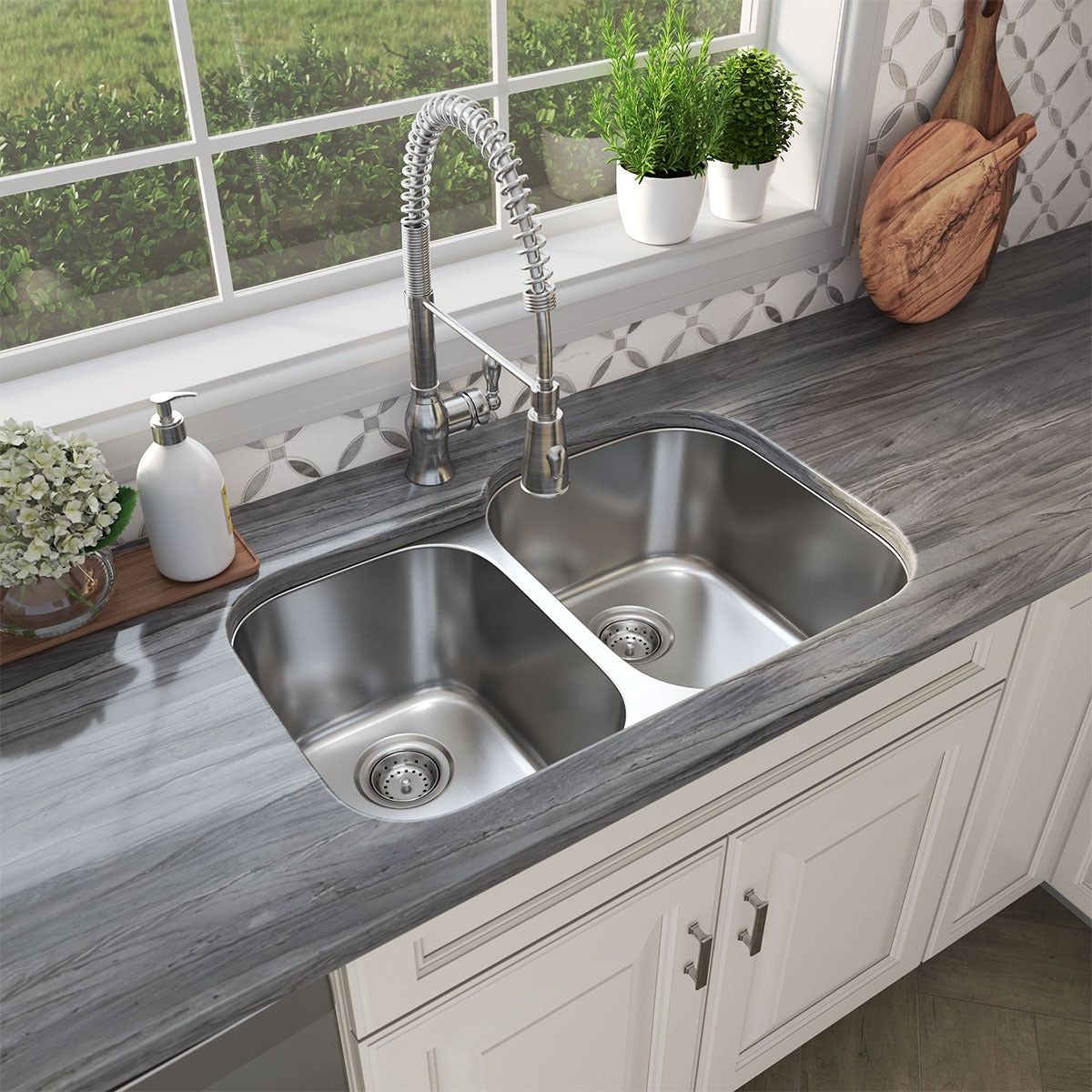 Drawn 32" x 21" 40/60 Stainless Steel Undermount Double Basin Kitchen Sink in Stainless Steel, installed in a room setting