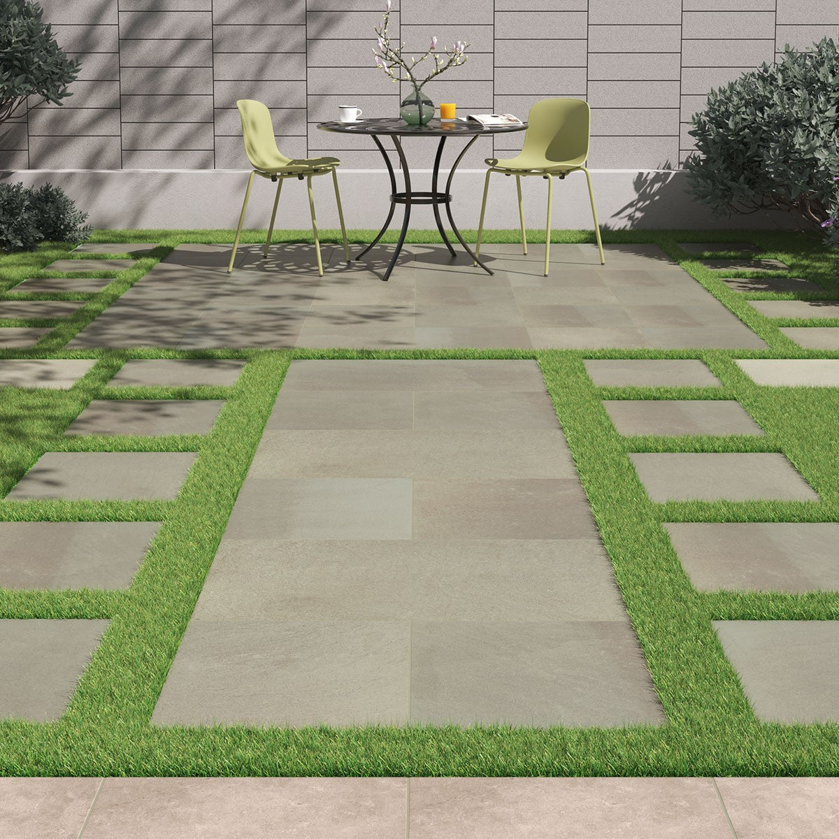 Full Range Bluestone Arterra Porcelain Pavers shown installed in a finished outdoor or living space