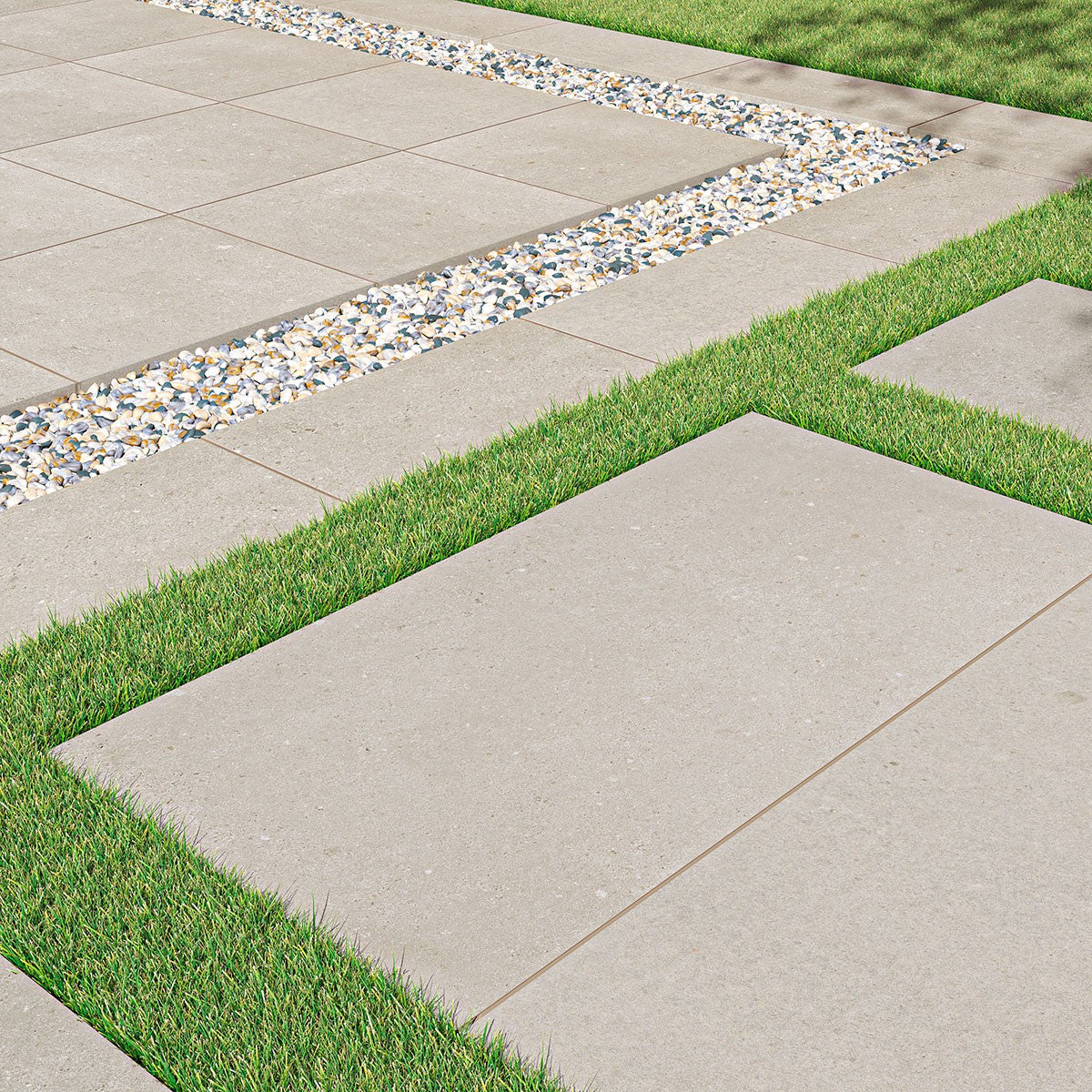 Gritzo Almond Arterra Porcelain Pavers shown installed in a finished outdoor or living space