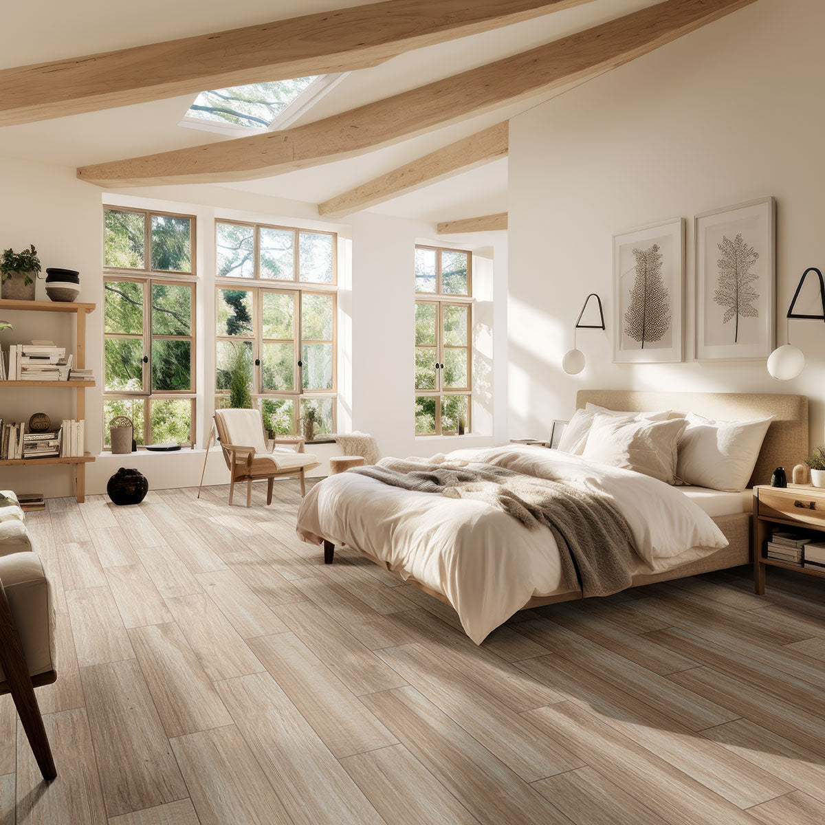 Havenwood Beige porcelain tile shown in a finished room, scene 4