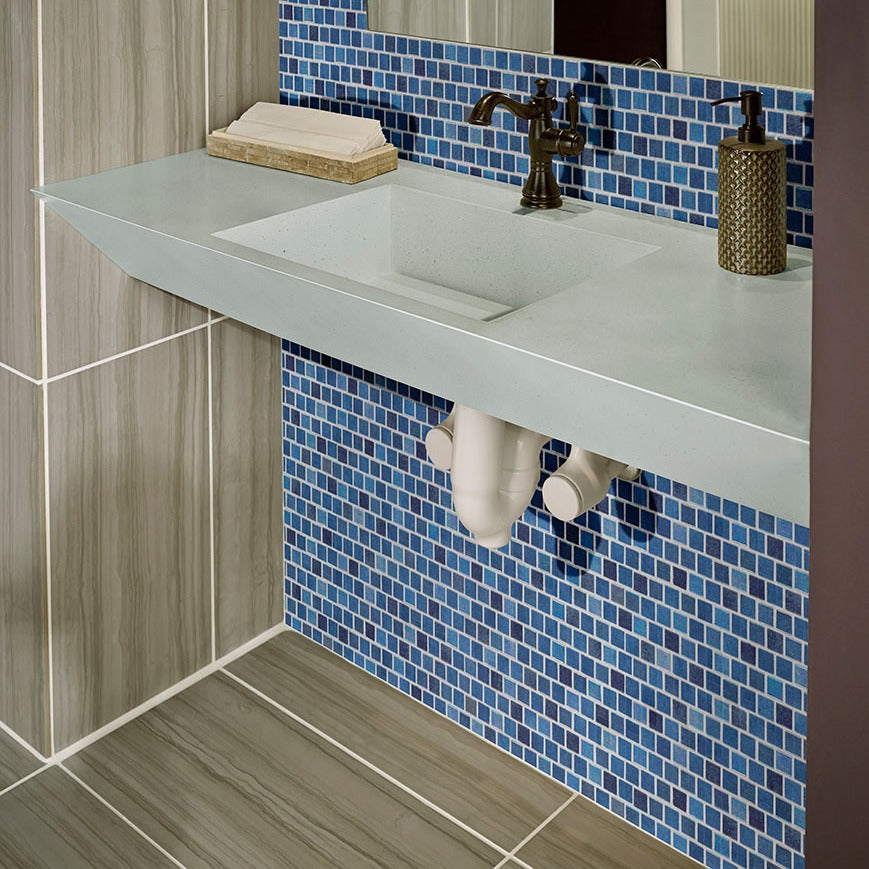 Hawaiian Blue 1x1 Recycled Glass Mosaic installed in a finished room