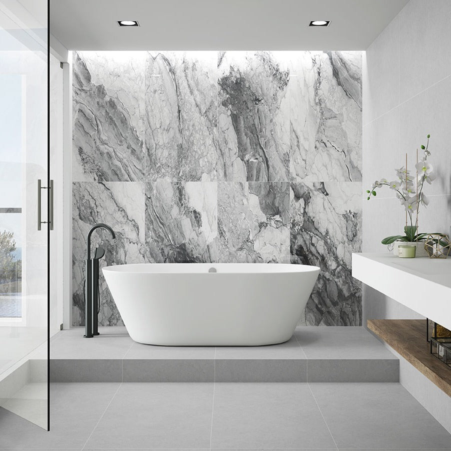 Kaya Onda Gray porcelain tile shown in a finished room, scene 4