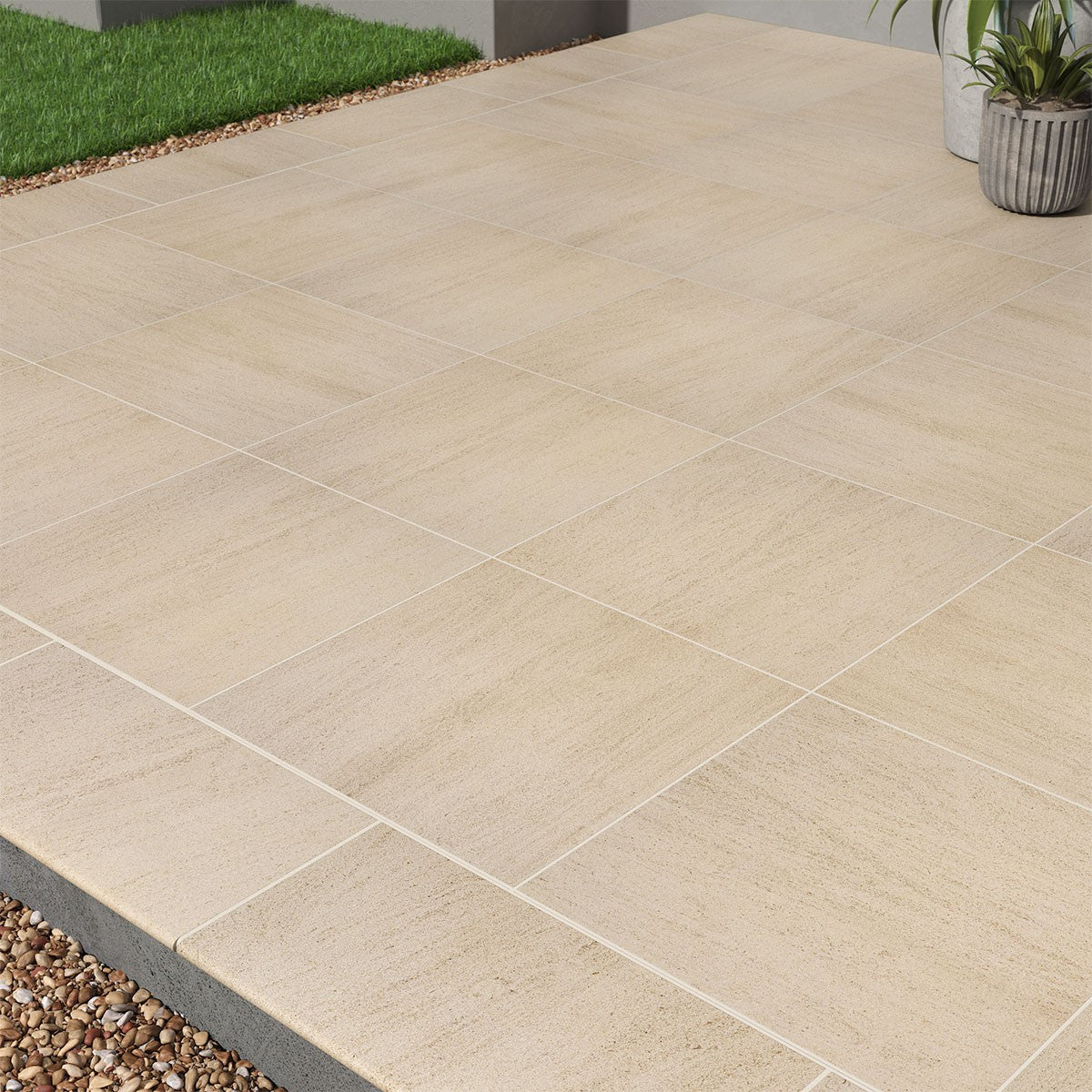 Livingstyle Beige Arterra Porcelain Pavers shown installed in a finished outdoor or living space