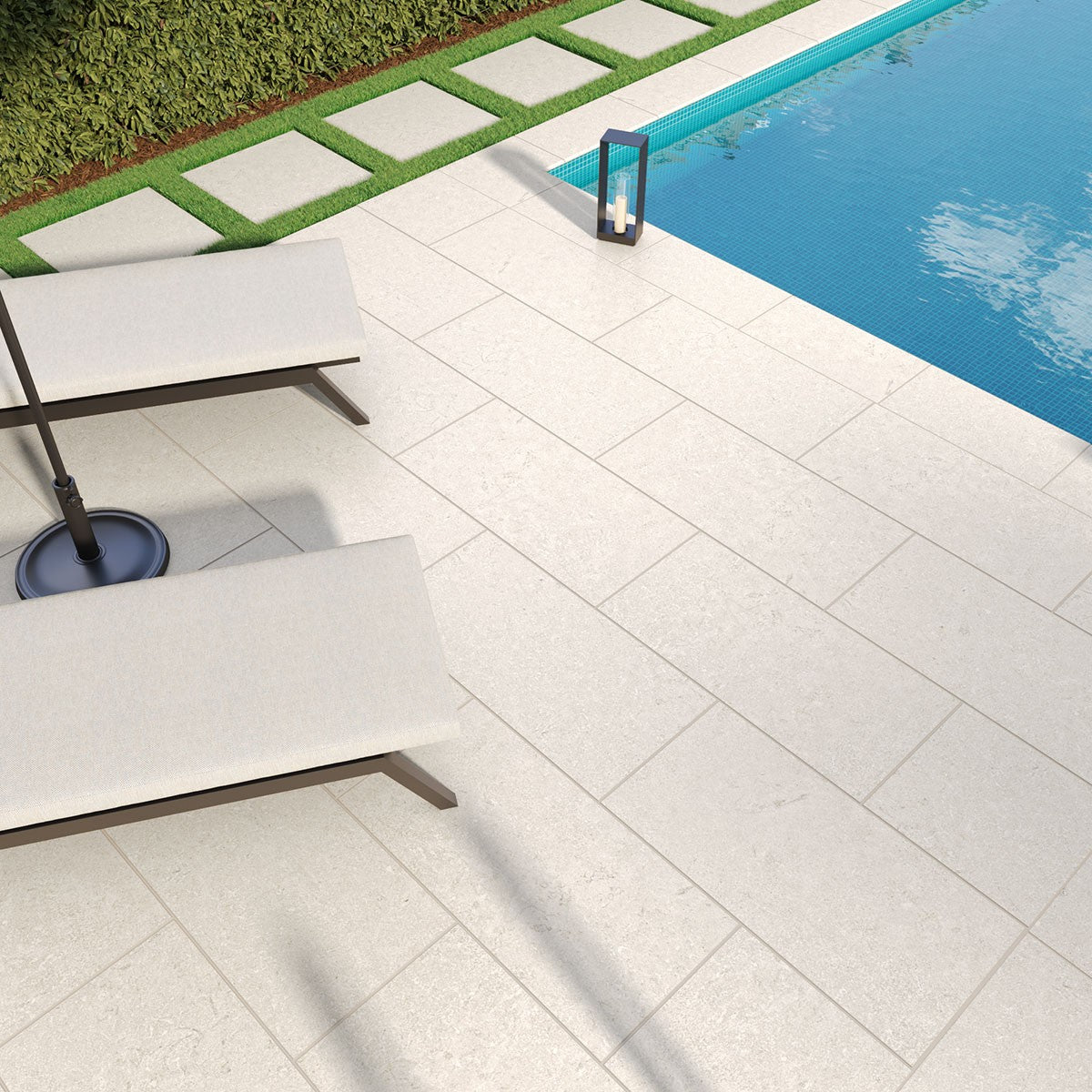 Livingstyle Pearl Arterra Porcelain Pavers shown installed in a finished outdoor or living space