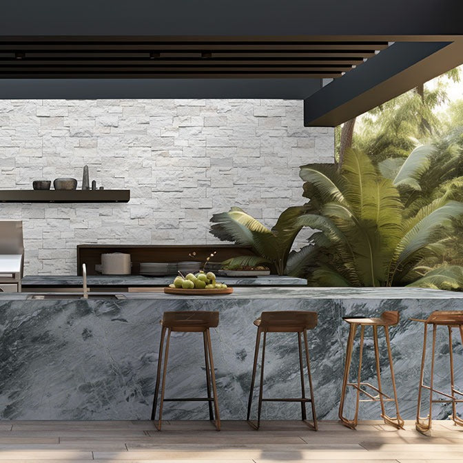 Acquatic quartzite countertop installed in a kitchen