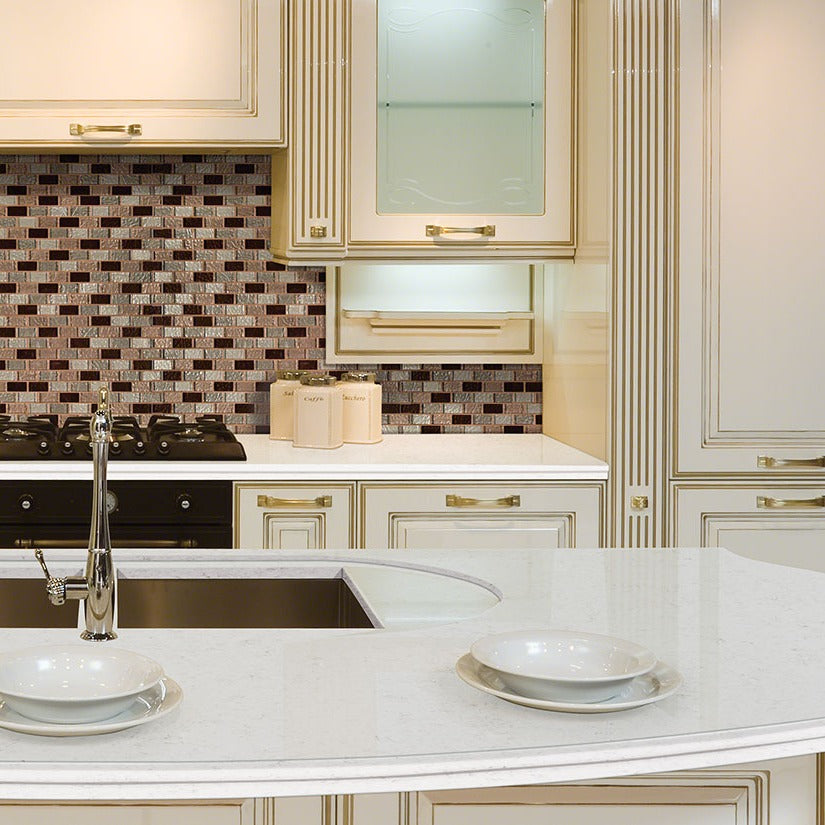 Blanca Statuarietto LumaLuxe quartz kitchen countertop installed in a room setting