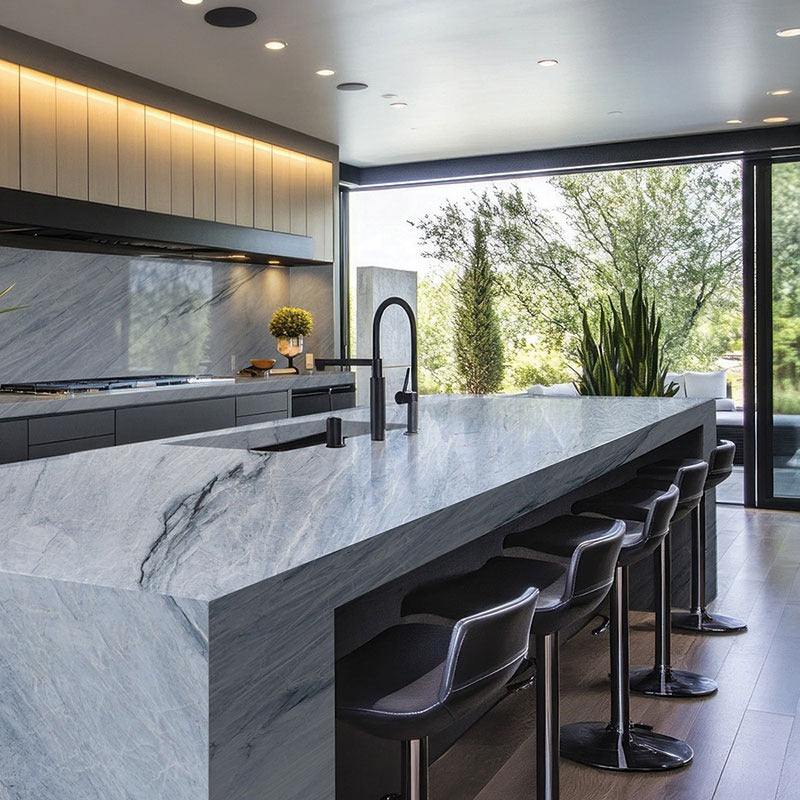 Blue Fusion quartzite countertop installed in a kitchen