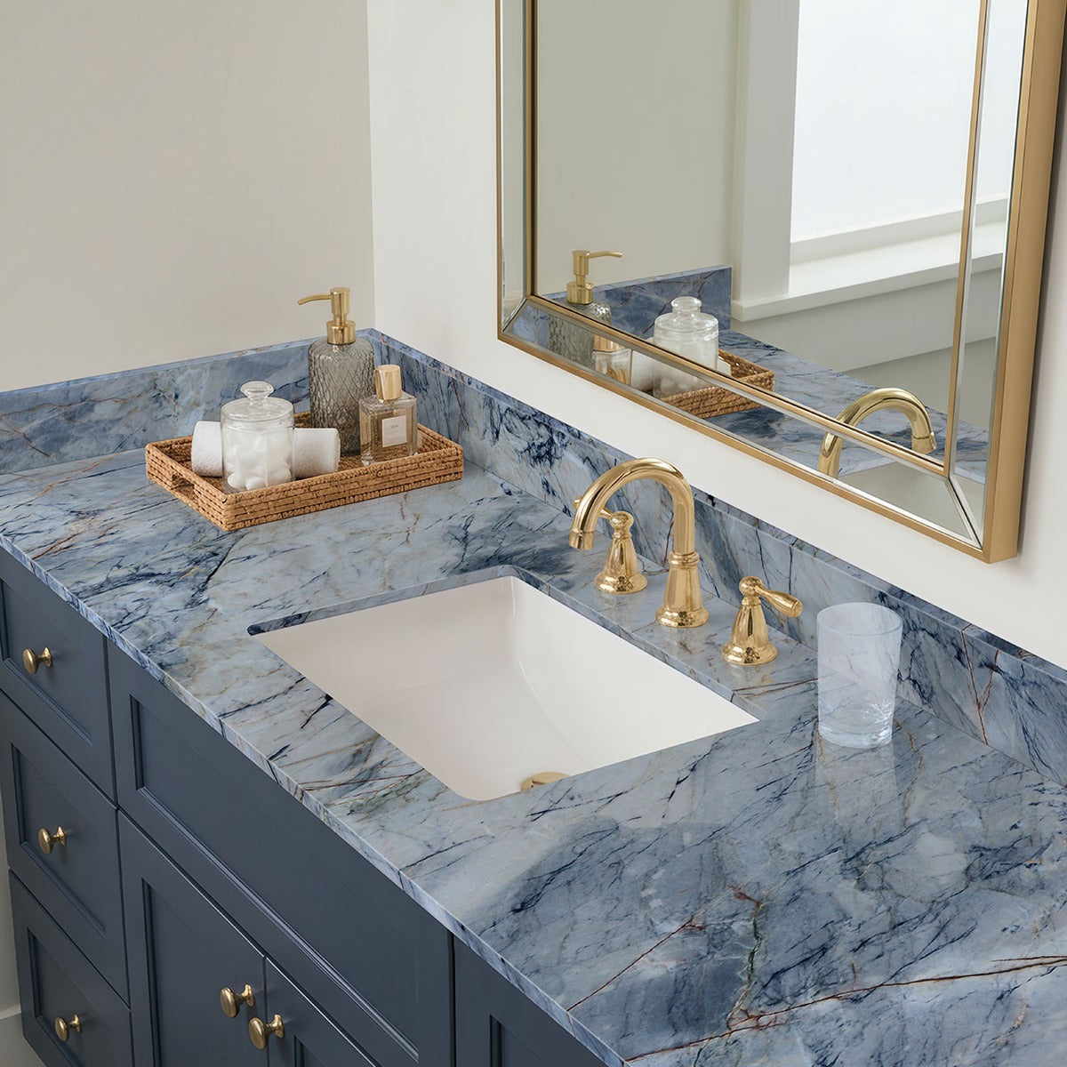 Blue Lava quartzite installed in a bathroom