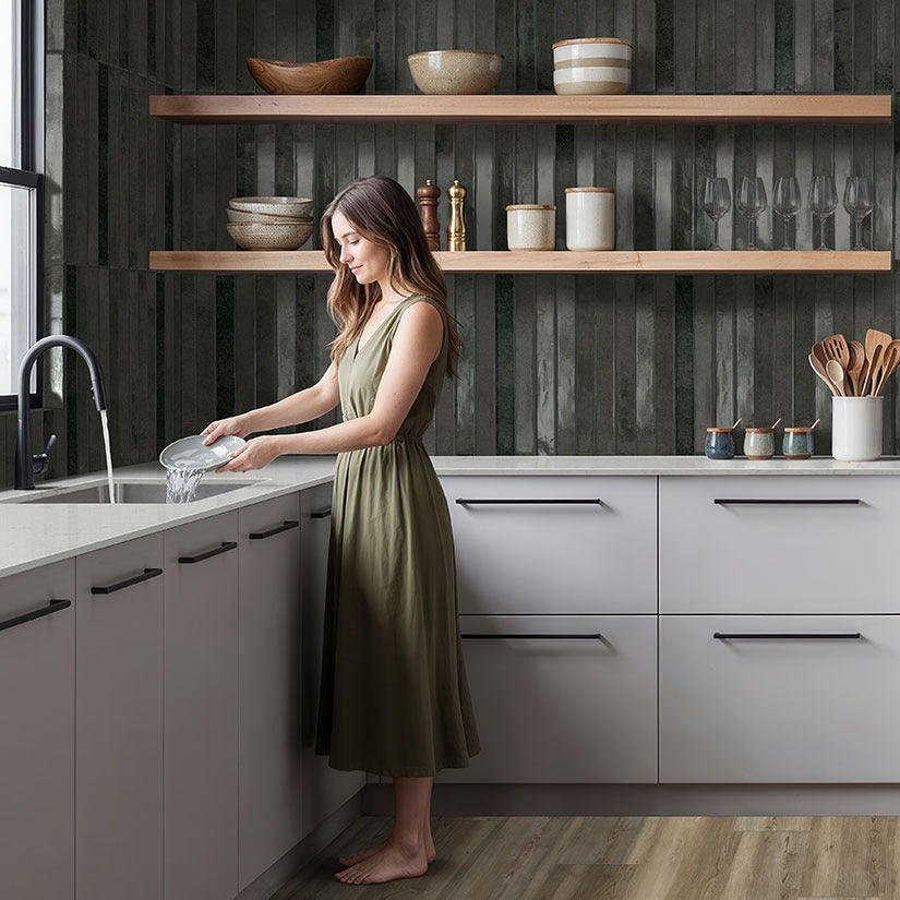 Calacatta Aidana LumaLuxe quartz kitchen countertop installed in a room setting
