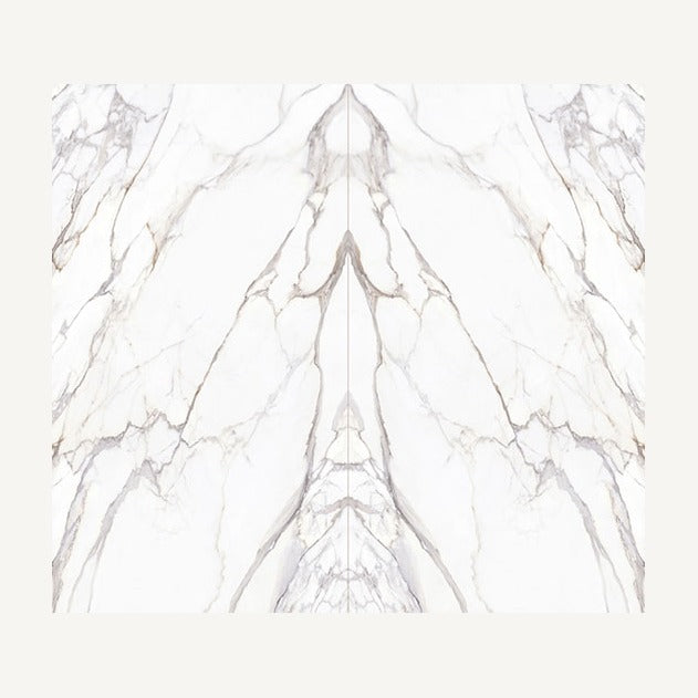 Calacatta Fiorella porcelain, bookmatched pair of slabs