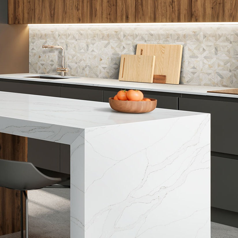 Calacatta Izaro quartz countertop installed in a room setting
