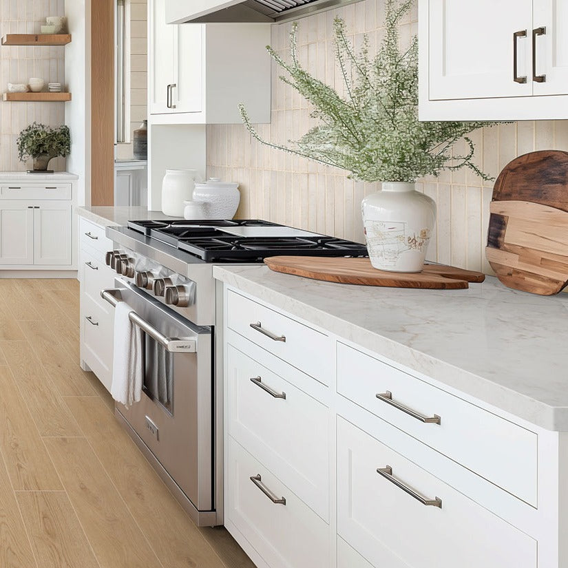 Calacatta Miraggio Cove LumaLuxe Ultra quartz kitchen countertop installed in a room setting