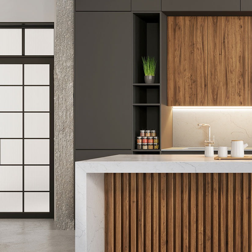 Calacatta Miraggio Duo Honed LumaLuxe Ultra quartz kitchen countertop installed in a room setting