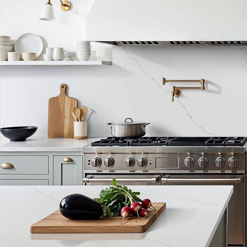 Calacatta Miraggio LumaLuxe Ultra quartz kitchen countertop installed in a room setting